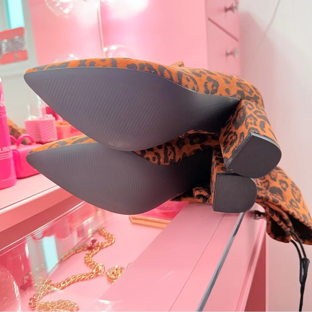 Leopard Print Over-the-Knee Block Heel Boot Fall Winter Women’s Fashion Boots